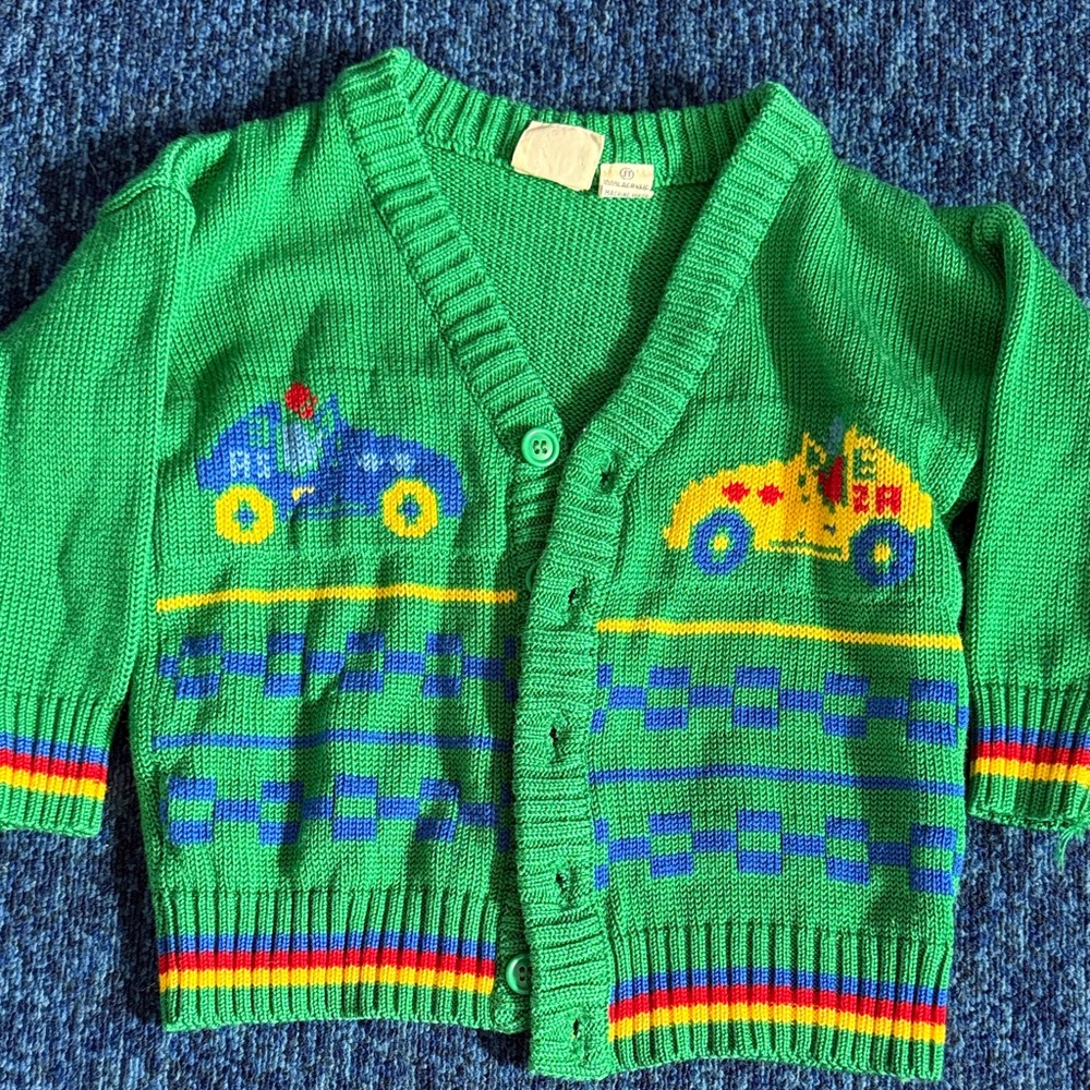 Vintage Green Kids Cardigan with Car Design